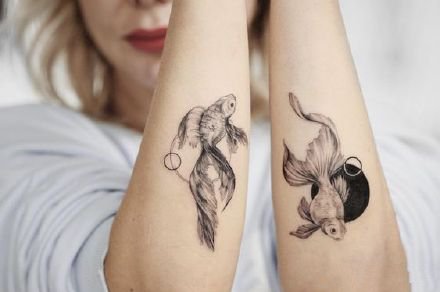 可爱的小动物情侣纹身，含鸟、鱼、小狼等好看纹身图案图片