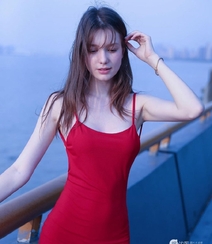 性感美艳红色露背装连衣裙欧美美女海边护栏美拍写真组图6