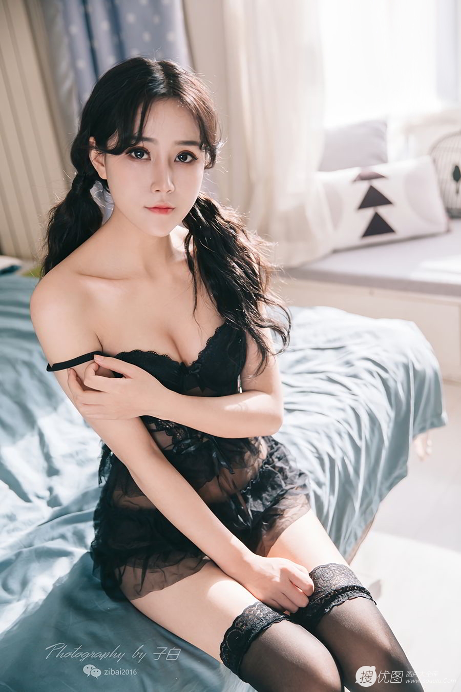 双马尾辫性感美女茯苓纯黑色蕾丝睡裙慵懒私房写真图片套图1