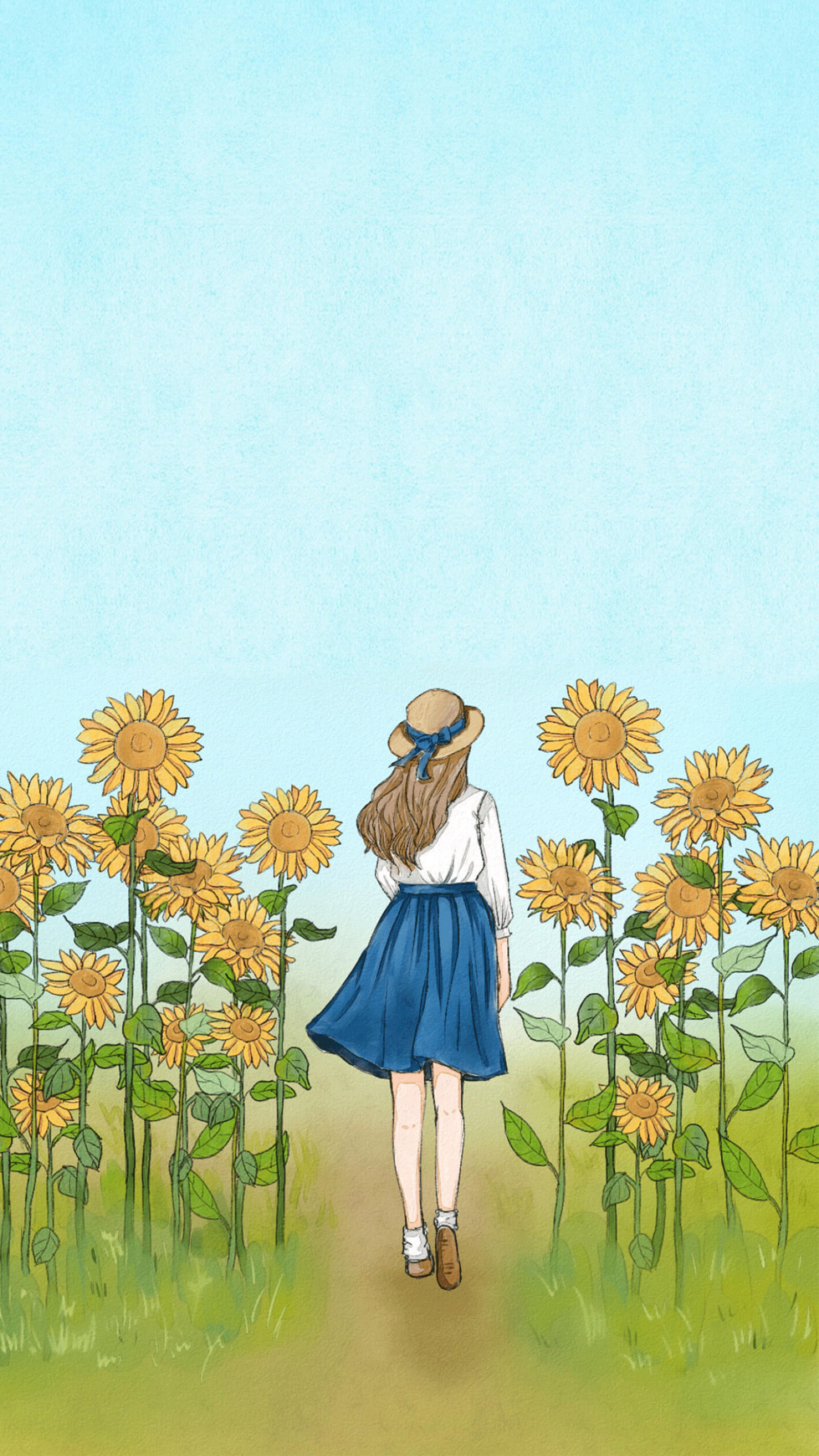手绘的向日葵少女插画黄黄的画面好唯美图片
