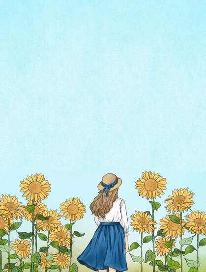 手绘的向日葵少女插画黄黄的画面好唯美