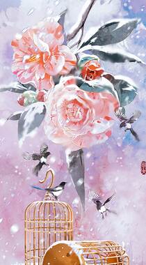 富有中国风特色花卉的油墨画手机壁纸