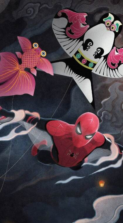 漫威中国风系列插画之“蜘蛛侠”手机壁纸