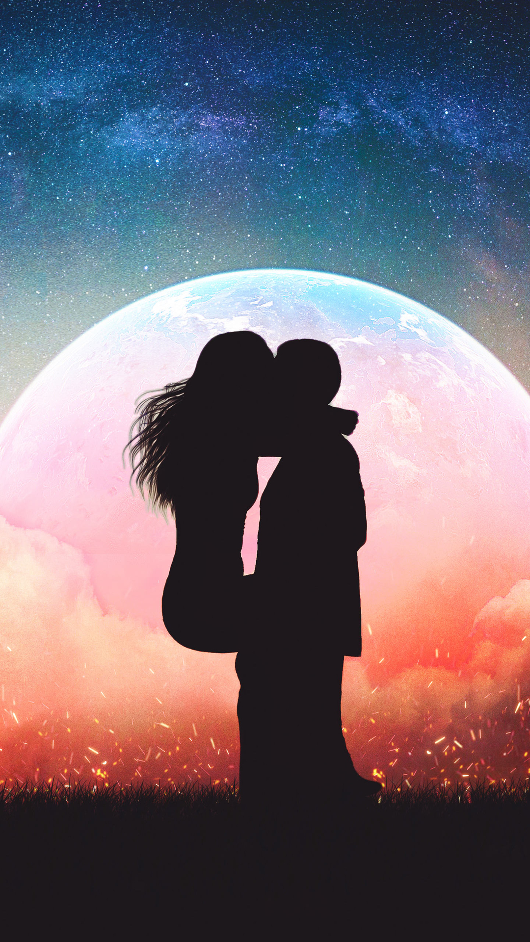 唯美的月亮，北极极光下接吻的情侣爱情手机壁纸第1张壁纸