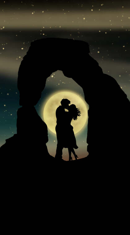 唯美的月亮，北极极光下接吻的情侣爱情手机壁纸