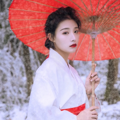 在雪中身材和服拿红色油纸伞的和系少女头像图片