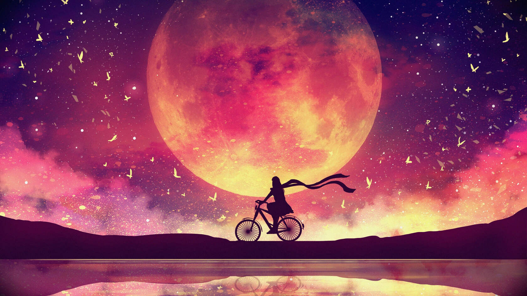 唯美月空满天孔明灯下的女孩，一轮圆月下的骑车的少女等梦境唯美图片套图2