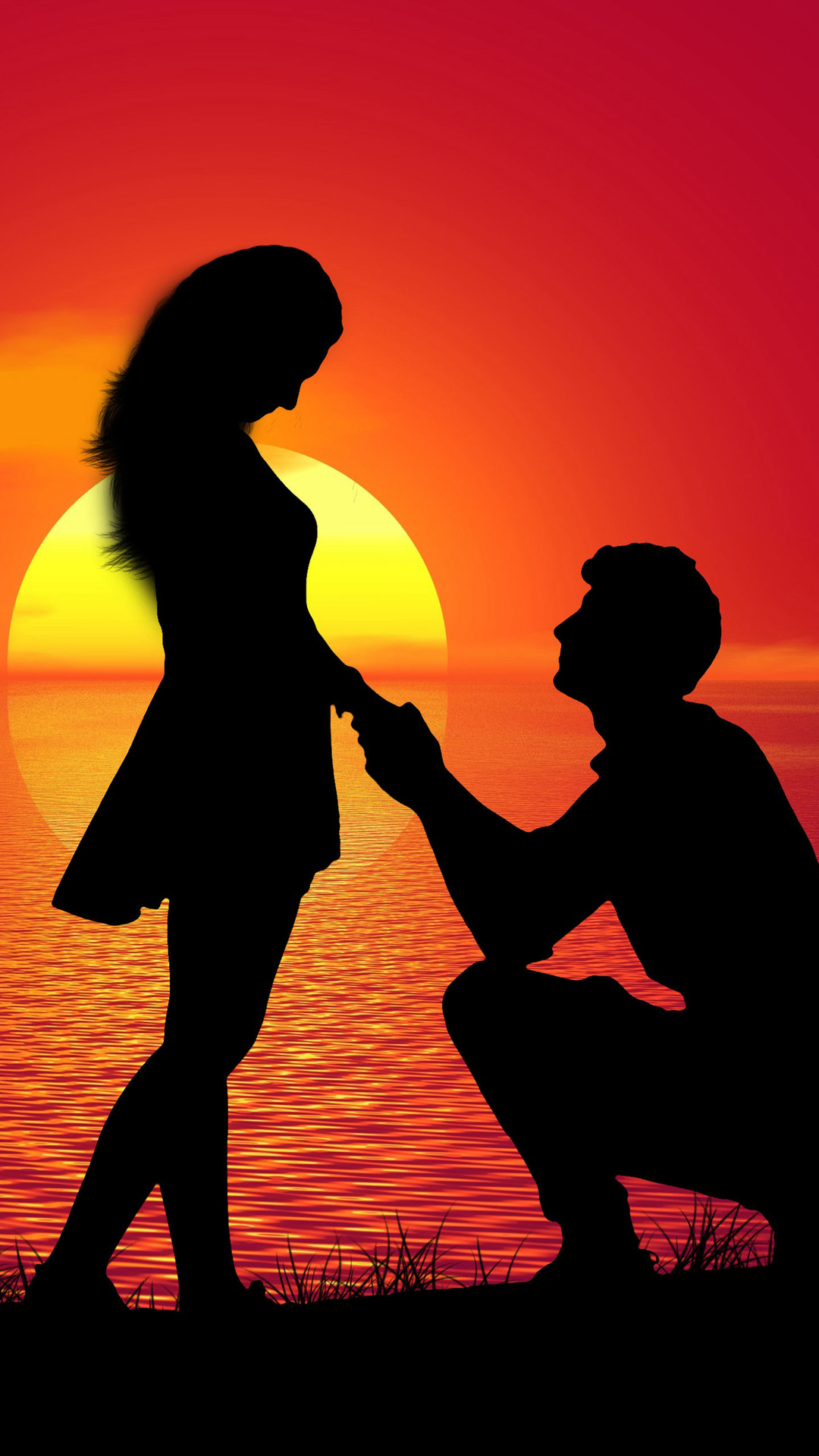 夕阳下情侣拥抱亲吻，求婚等幸福瞬间高清爱情手机壁纸套图1