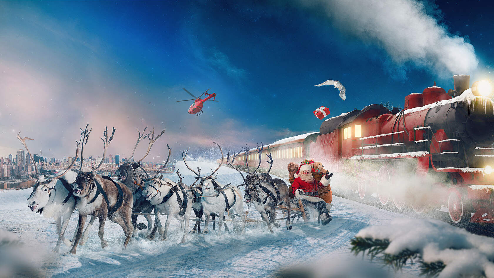 圣诞老人的麋鹿，高清骑着麋鹿雪橇派送礼物的圣诞老人桌面壁纸套图1