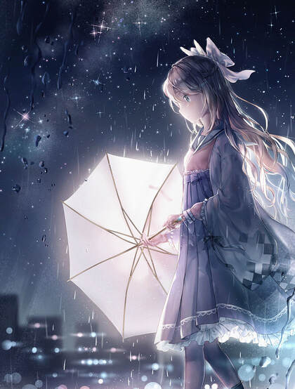 雨天行走的二次元动漫少女，女孩手拿雨伞下雨天超美意境图片