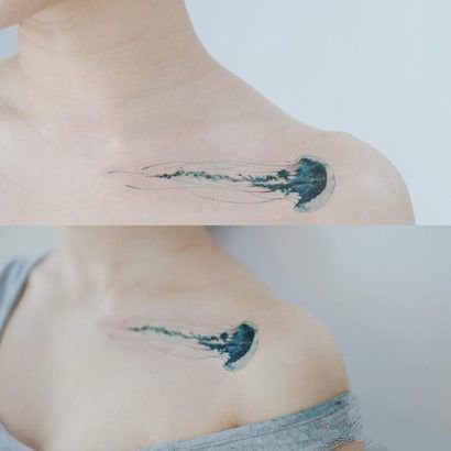 触须好多的水母纹身，纹在女生身体各部位的可爱水母纹身图案作品图片