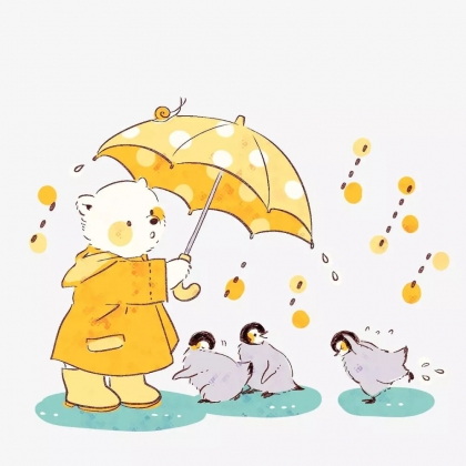 下雨天拿着一把伞帮助小企鹅的可爱卡通白熊图片