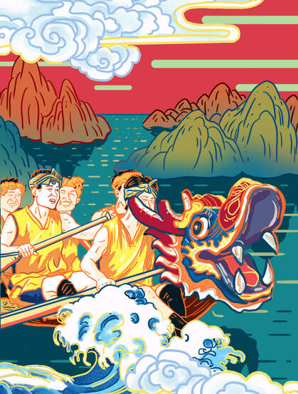 中国传统节日“端午节”习俗赛龙舟的创意插画图片
