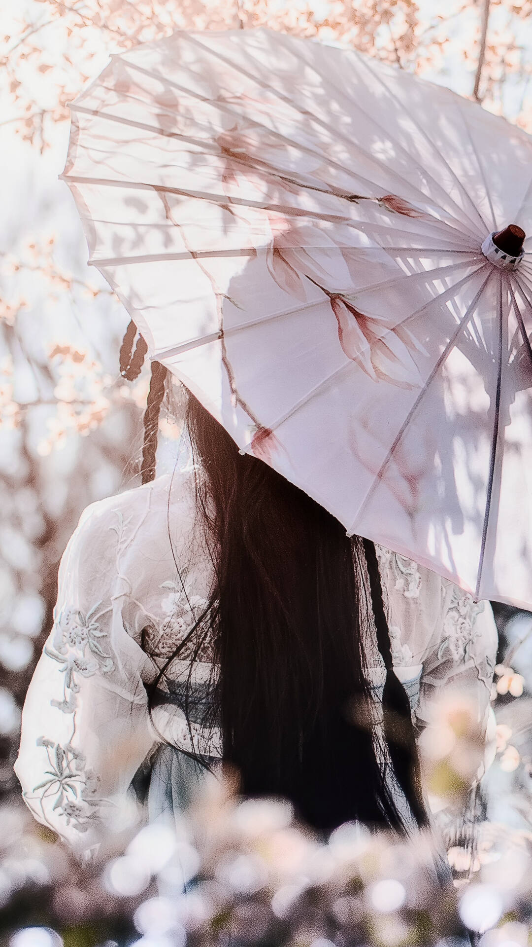 樱花树下打着油纸伞的唯美古风美女的背景等手机壁纸套图3