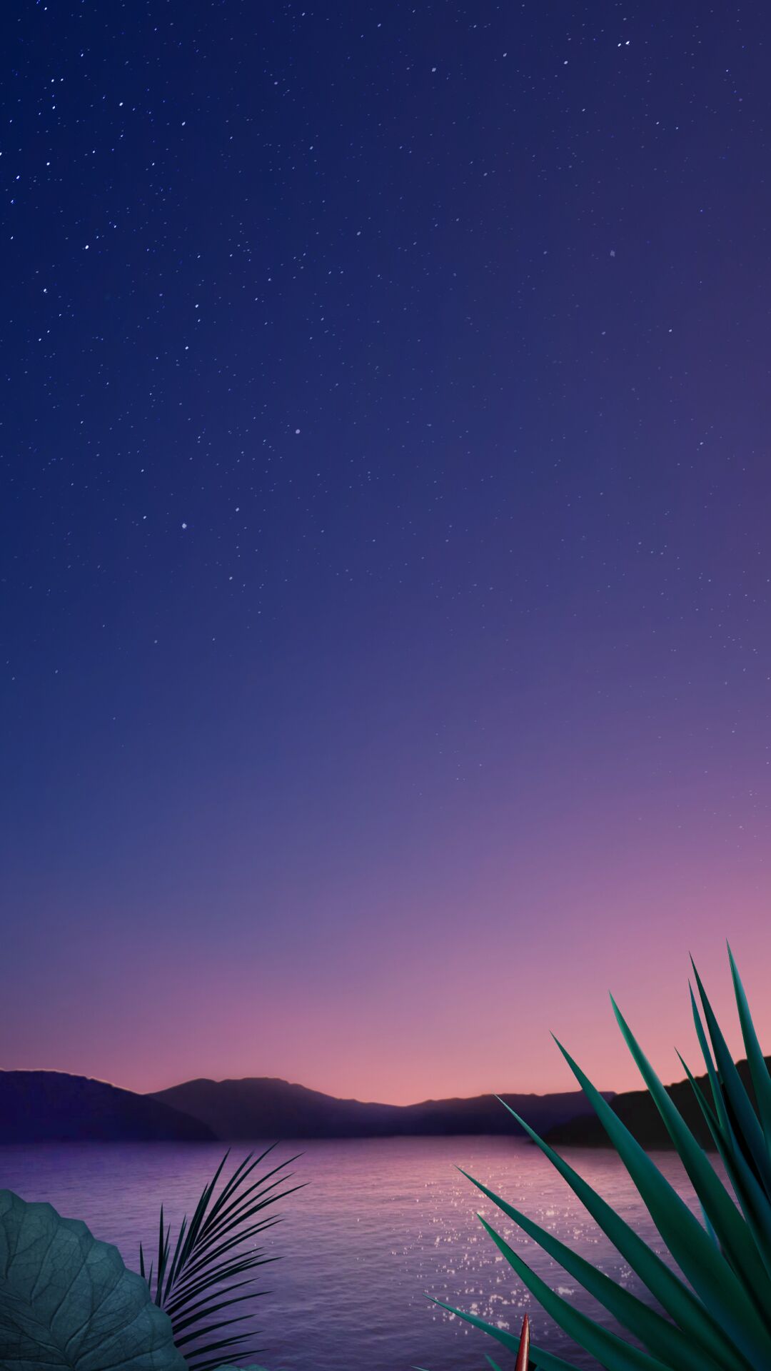 黄昏，波光粼粼的湖面，叶子，星空，山等唯美景色手机壁纸图片