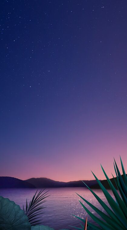 黄昏，波光粼粼的湖面，叶子，星空，山等唯美景色手机壁纸图片