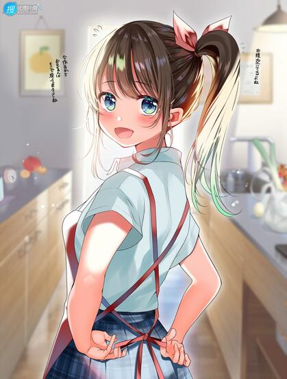 亲自下厨做饭的二次元制服围裙装动漫美少女高清插画图片