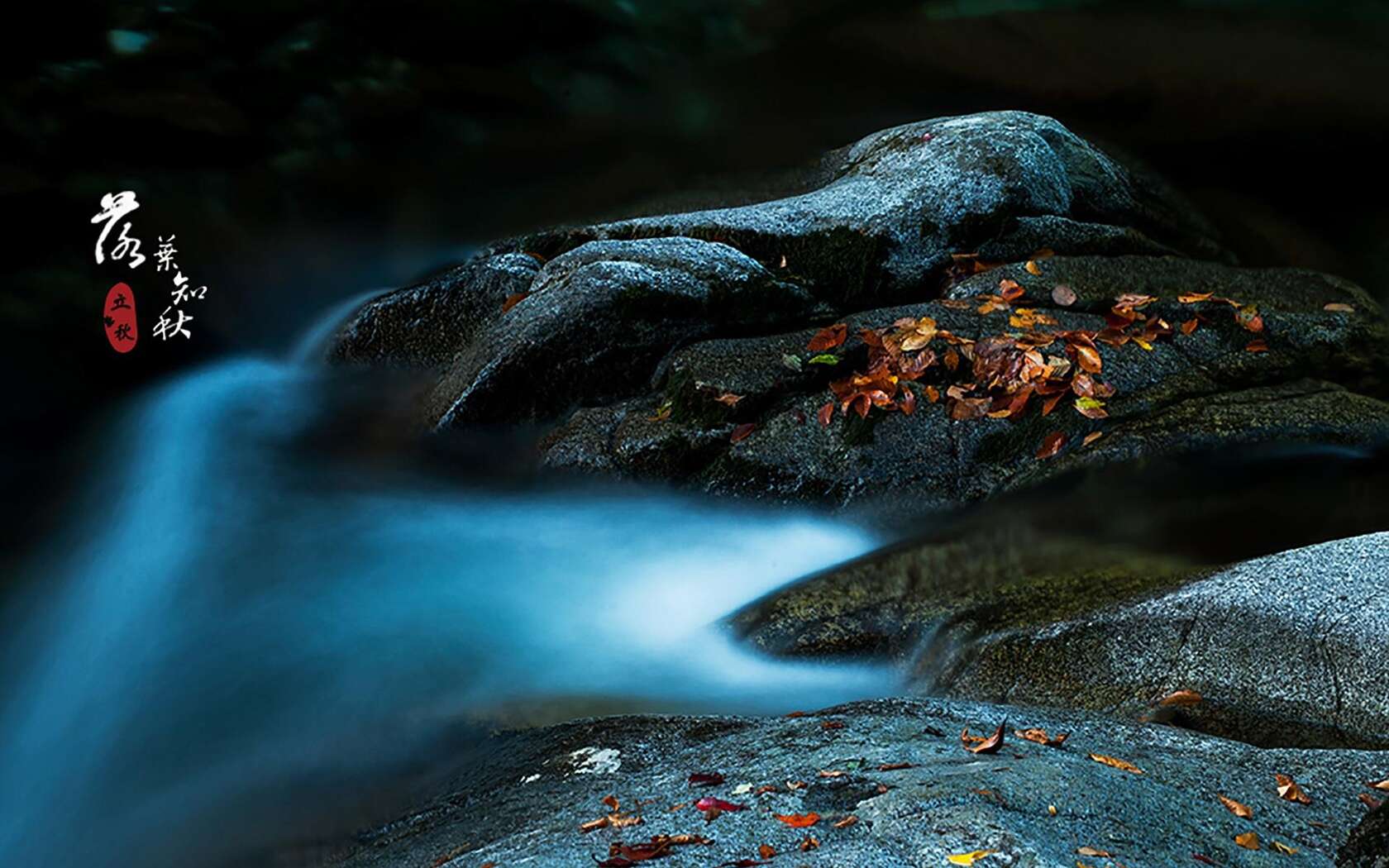 落叶知秋，立秋壁纸，以山间溪水，石头，落叶为背景的立秋文字壁纸图片第4张图片