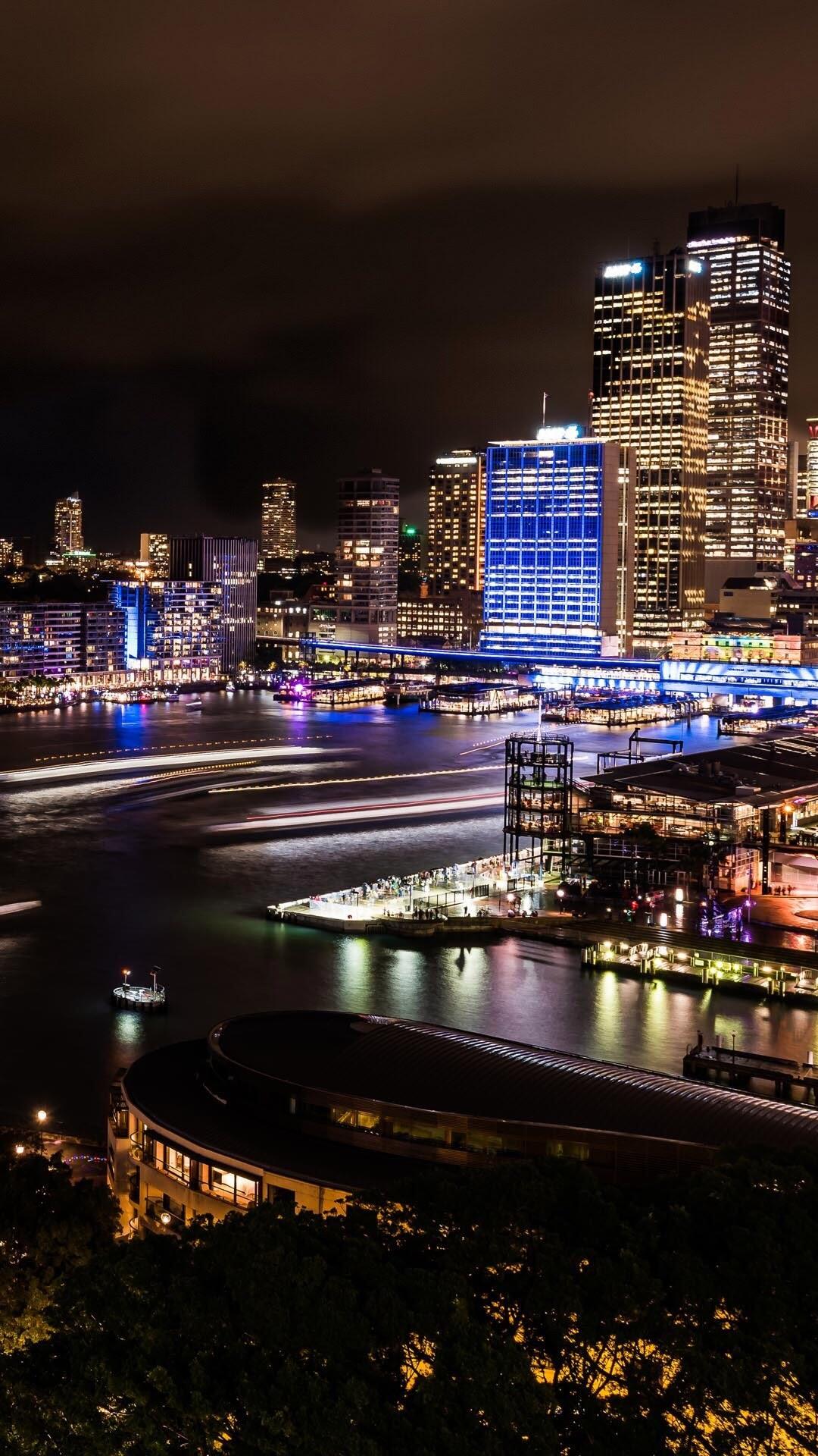 城市夜灯，悉尼歌剧院等城市建筑炫丽霓虹灯夜景航拍手机壁纸第1张壁纸
