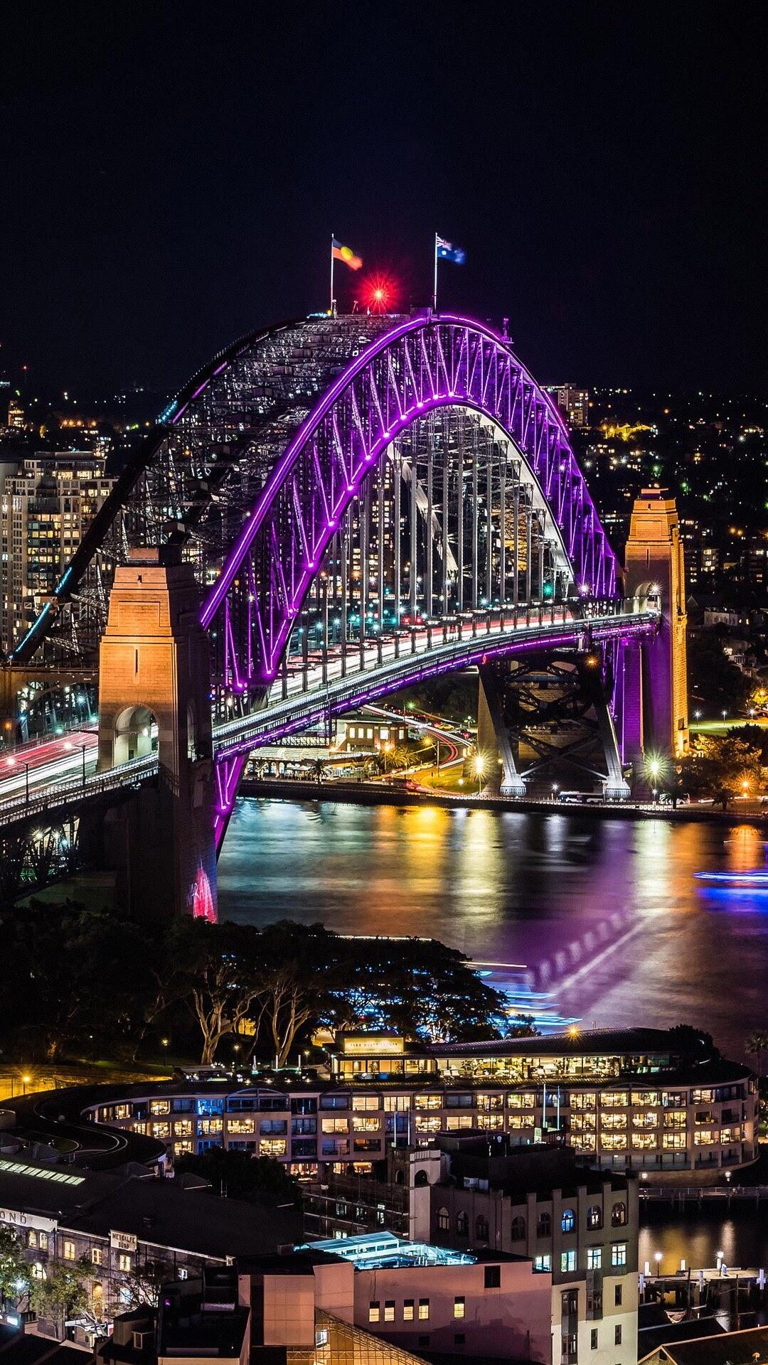 城市夜灯，悉尼歌剧院等城市建筑炫丽霓虹灯夜景航拍手机壁纸第3张壁纸