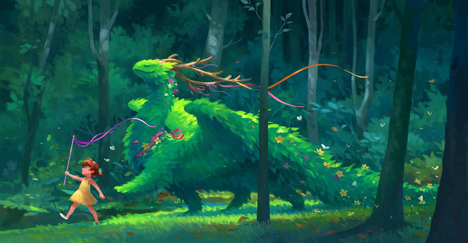 带着绿色龙型宠物在森林里玩耍的动漫女孩创意壁纸第1张图片
