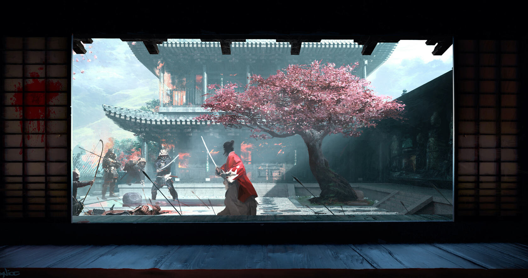 樱花树的院子里拔刀对峙的日本忍者和武士的场景插画壁纸第1张图片