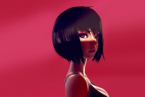 纯红色背景，手绘短发高冷酷酷的动漫少女人像手绘电脑壁纸