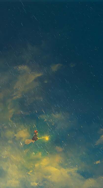 下雨的天空骑着魔法扫把飞行的动漫女孩