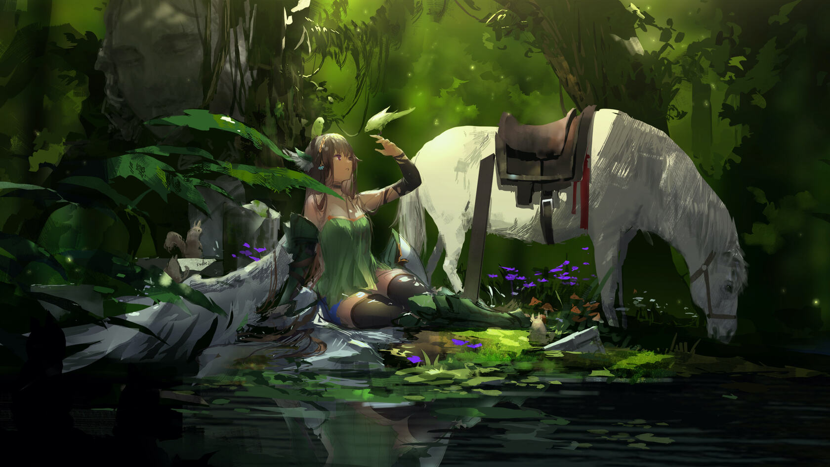 手绘森林里遛马的动漫女孩超清壁纸第1张图片