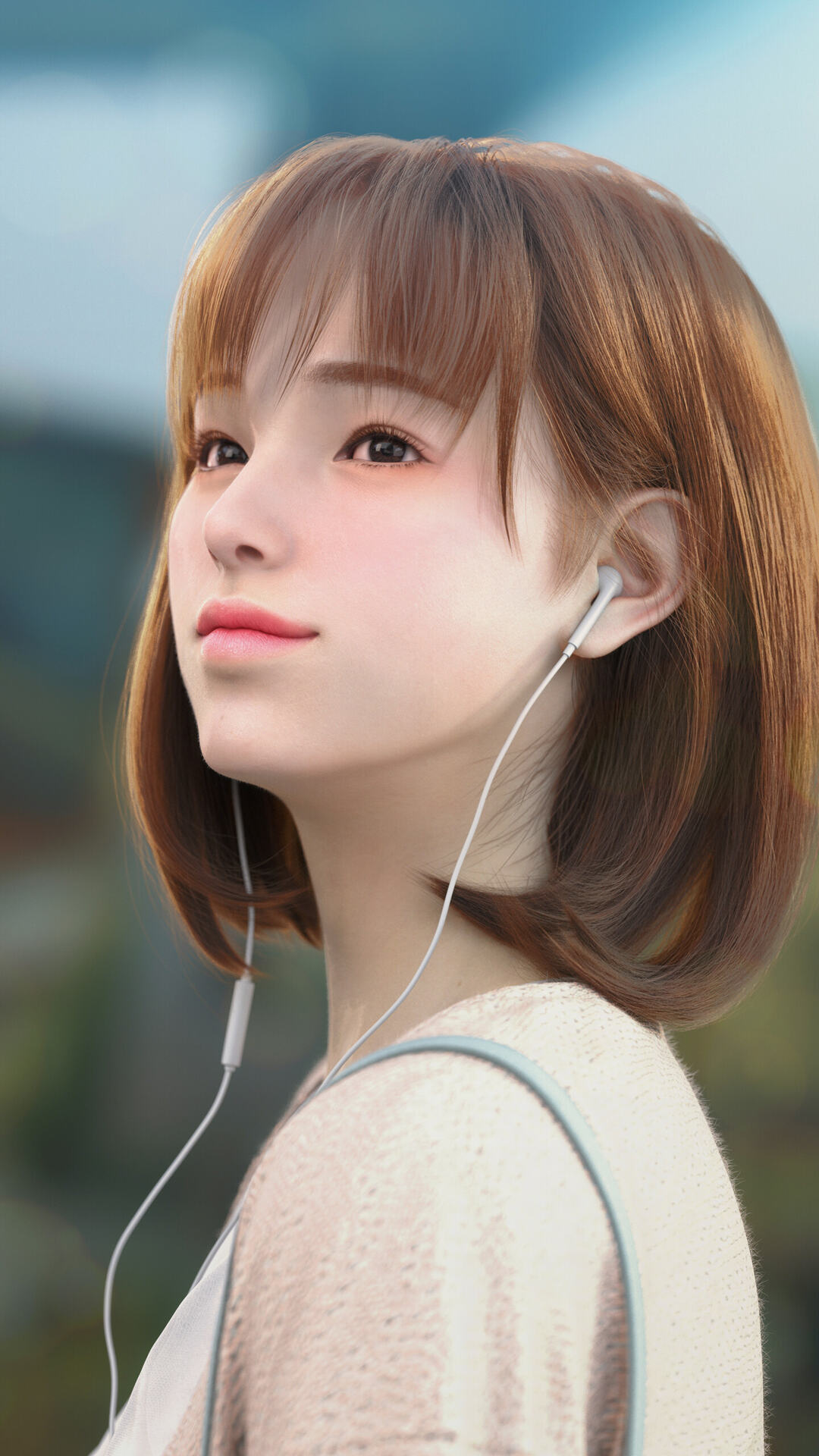 3D时尚短发美女听MP3的插画手机壁纸