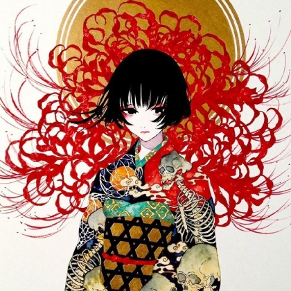 日式画风，丰富多彩华丽的日式和服装女人优美高清插画头像图片