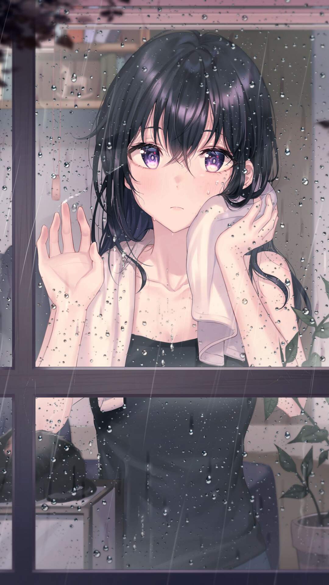 下雨天 单手贴着玻璃窗户 往外看的动漫湿发女孩高清手机壁纸图片