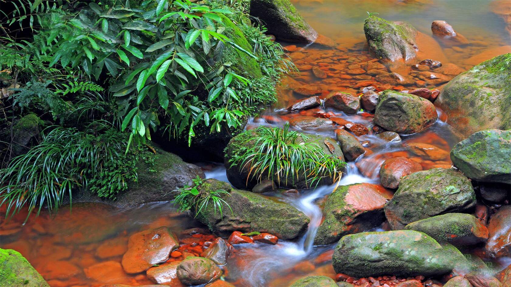 川流不息 溪流 石头 青苔 瀑布 红色石头 赤水佛光岩唯美景色壁纸图片套图5