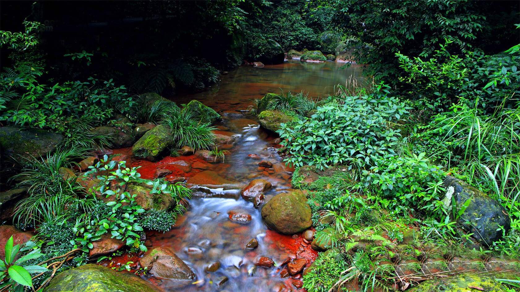 川流不息 溪流 石头 青苔 瀑布 红色石头 赤水佛光岩唯美景色壁纸图片套图4