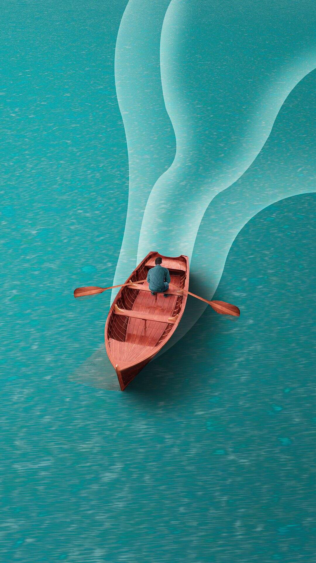 平静蔚蓝的湖面 一个划船的男子非主流插画手机壁纸图片