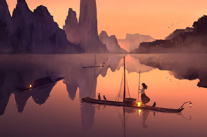 黄昏 落日下 山水湖泊中 一个划着竹排的渔家少女唯美动漫手绘壁纸图片