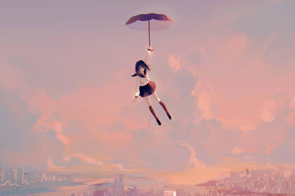 手拿雨伞在空中缓缓飘落的动漫JK制服少女唯美高清壁纸图片