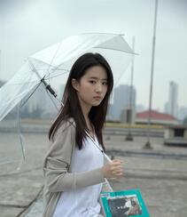 刘亦菲清新文艺休闲穿搭户外写真，手拿透明雨伞眼神清澈迷人组图2