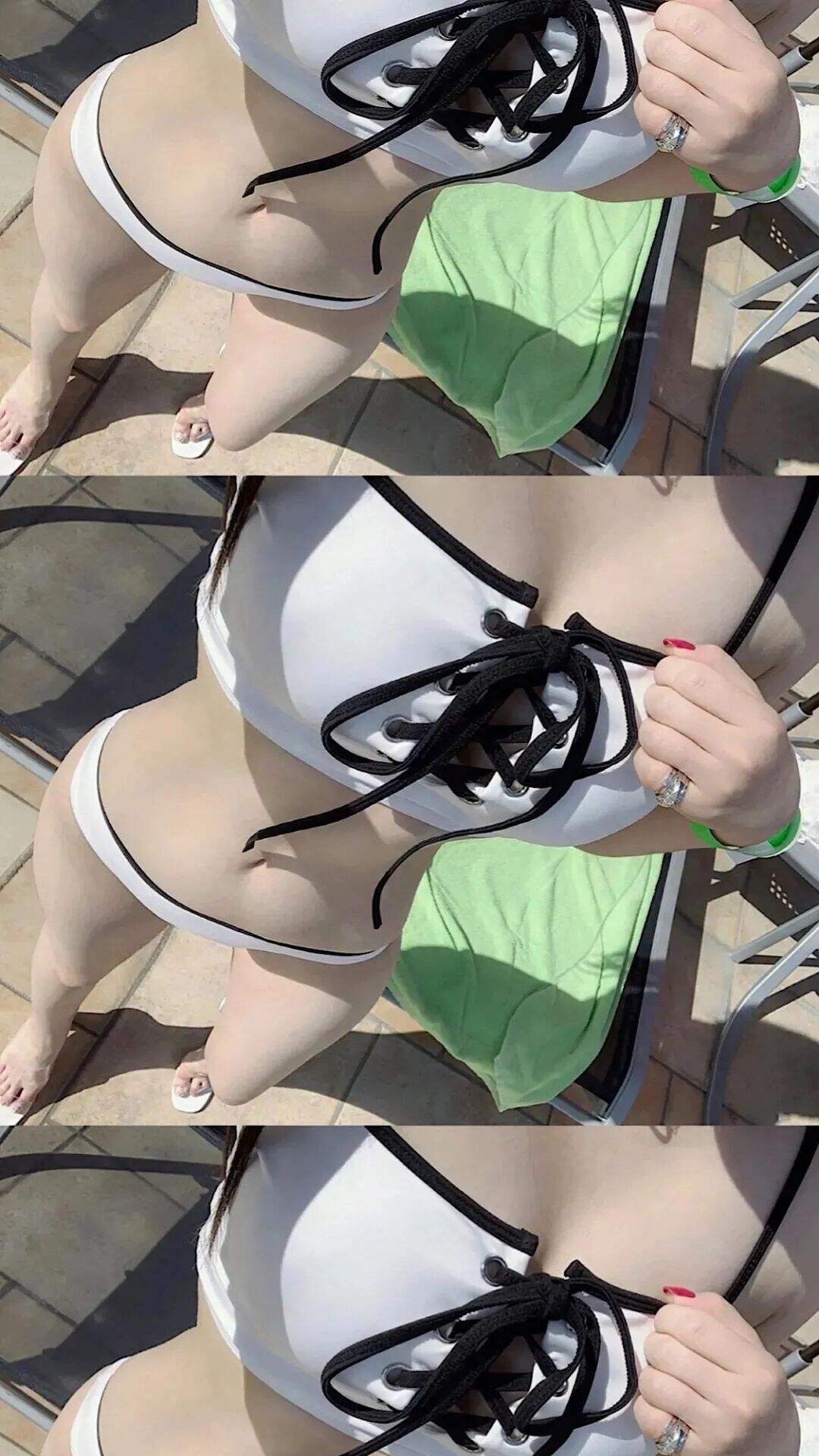 俯瞰视觉，可爱小蛮腰，小肚腩的白色泳装美腿少女拼接手机壁纸图片