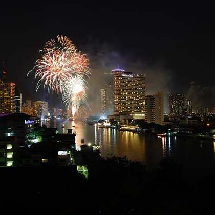 城市夜空中绽放的璀璨烟花唯美定格画面意境图片