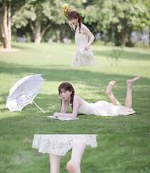赤足行走在草地上的清纯吊带蕾丝裙双麻花辫美少女超美高清写真图片组图4
