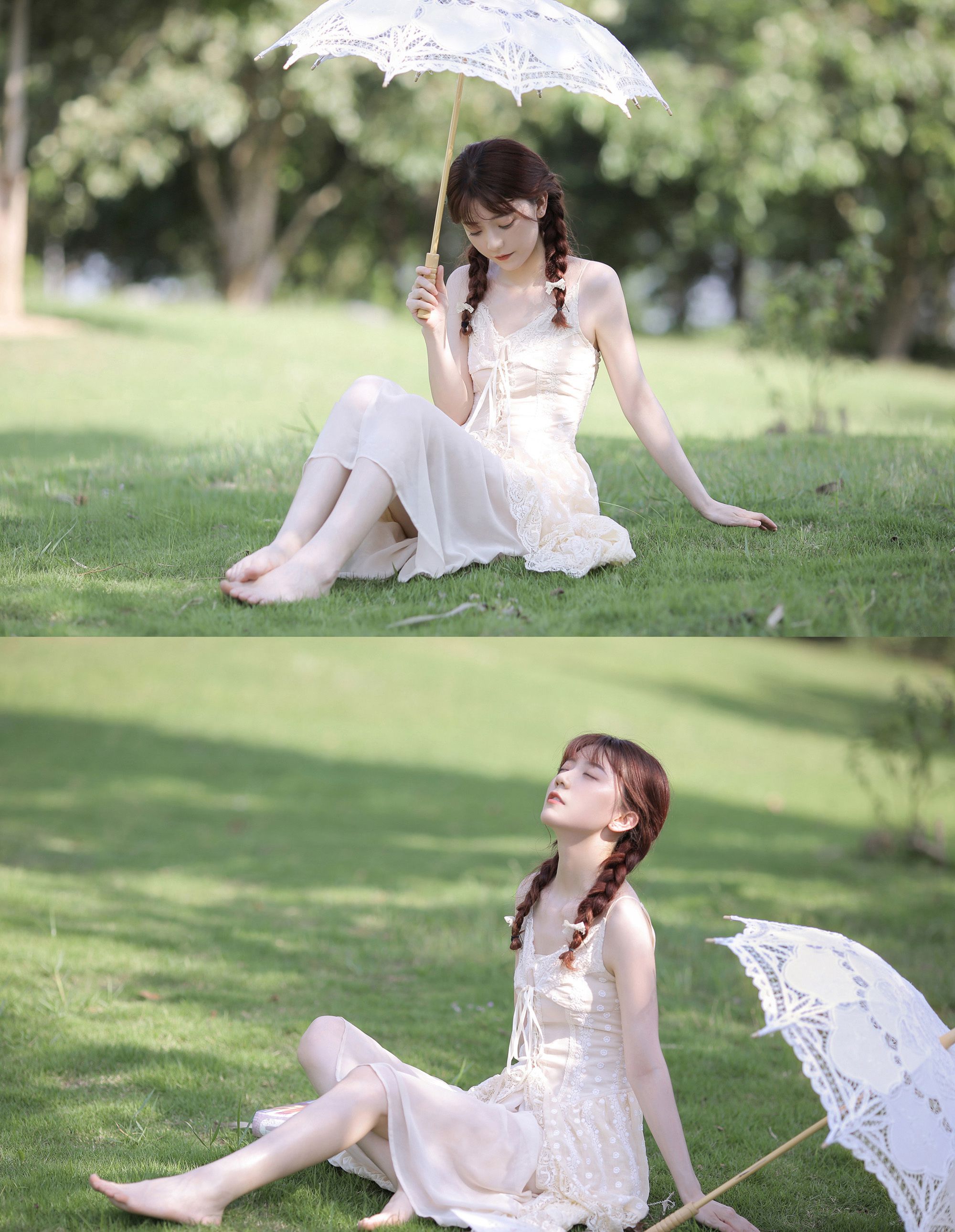 赤足行走在草地上的清纯吊带蕾丝裙双麻花辫美少女超美高清写真图片图片