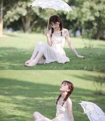 赤足行走在草地上的清纯吊带蕾丝裙双麻花辫美少女超美高清写真图片组图2