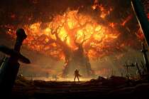 剑林 剑冢 遮天蔽日巨大的火树，一个战士的背影唯美科幻感桌面壁纸图片