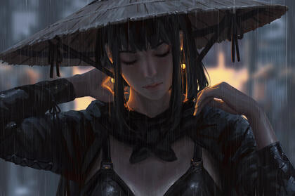 雨夜，雨中少女，戴着斗笠在雨中的性感好看动漫美女高清壁纸图片