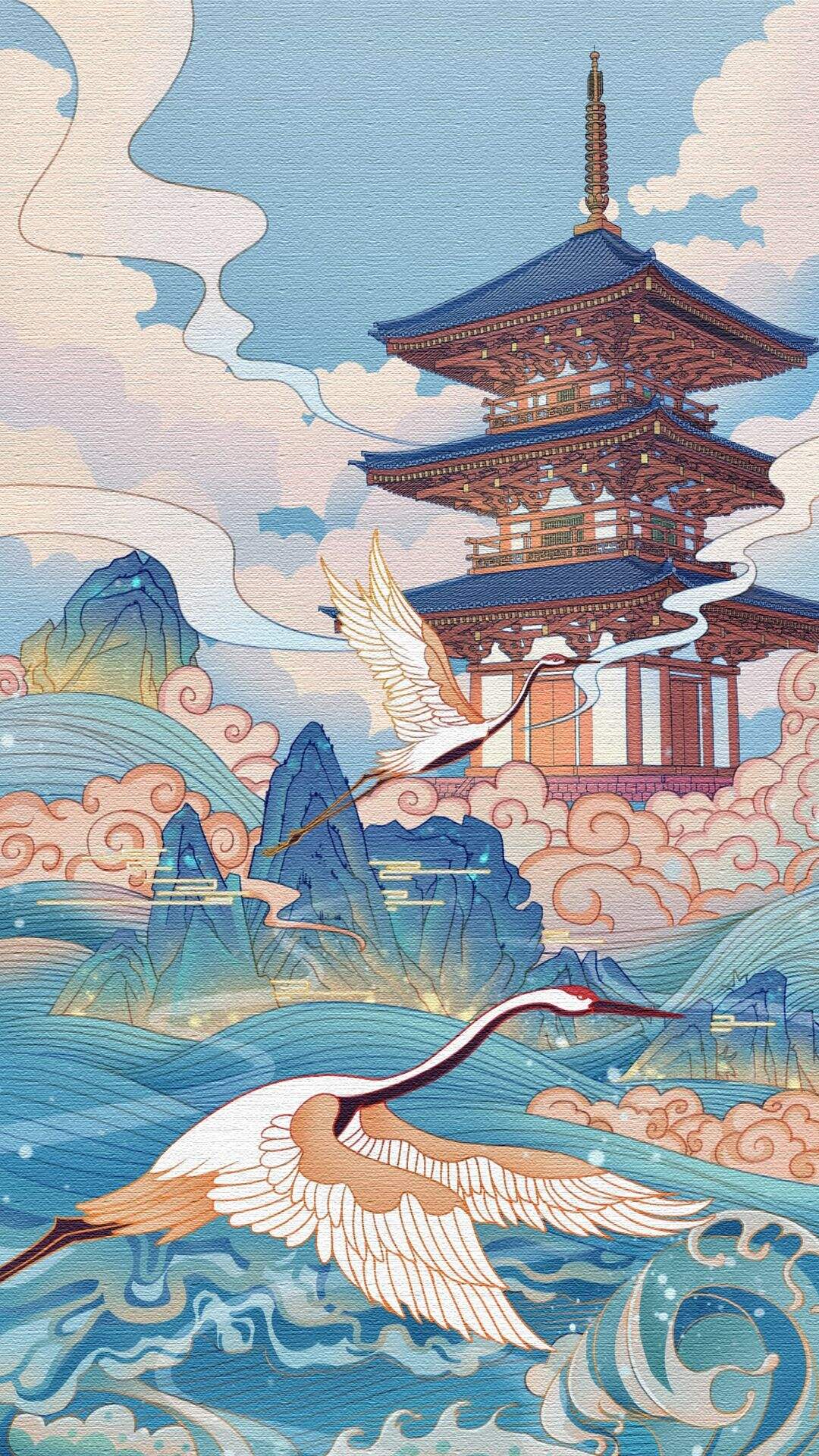 奇幻，玄幻 中国风 喜鹊 仙鹤 唯美好看插画手机壁纸图片套图3