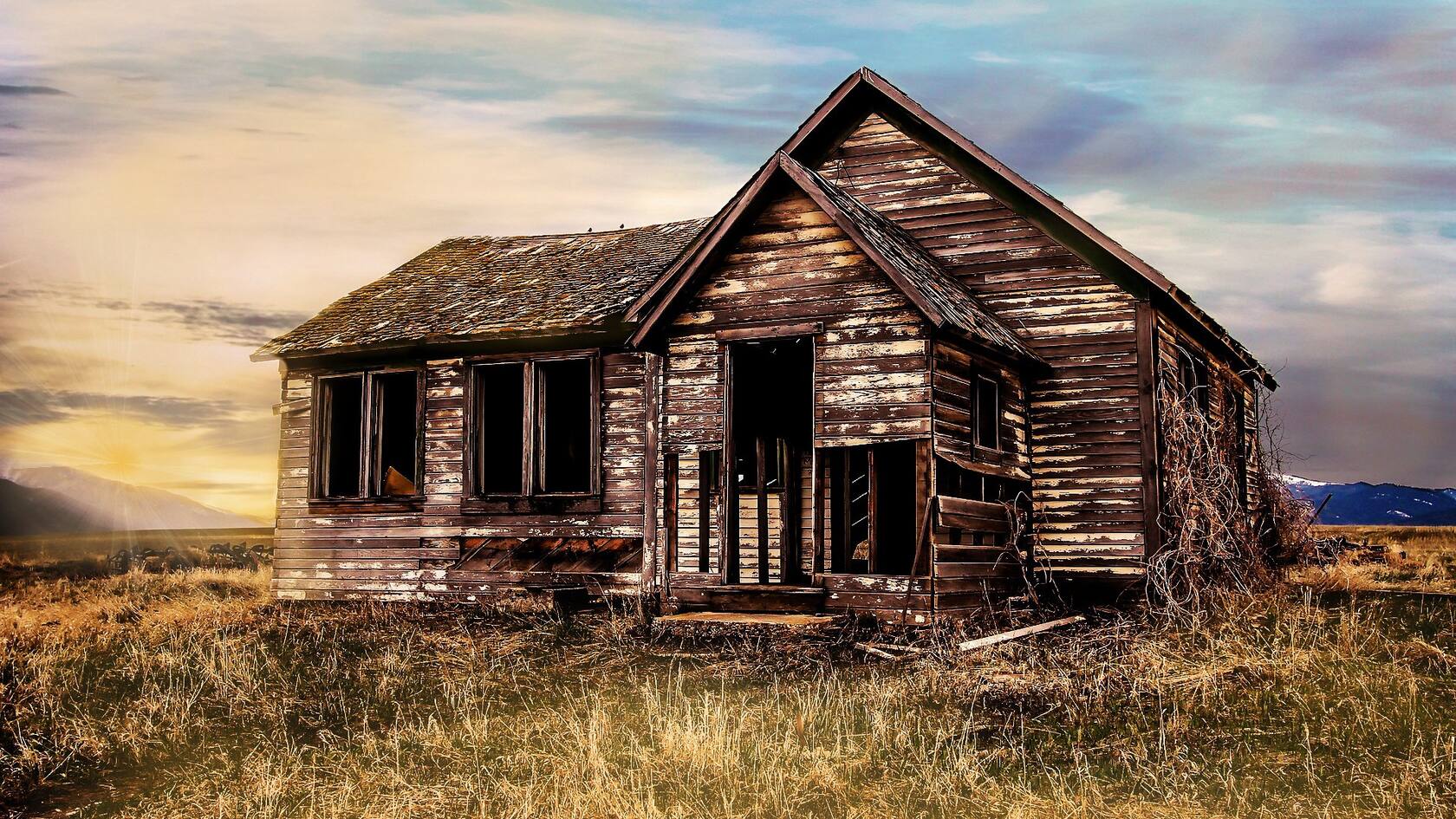 满是杂草的荒野上 一栋废弃的小木屋 荒凉景色桌面壁纸图片