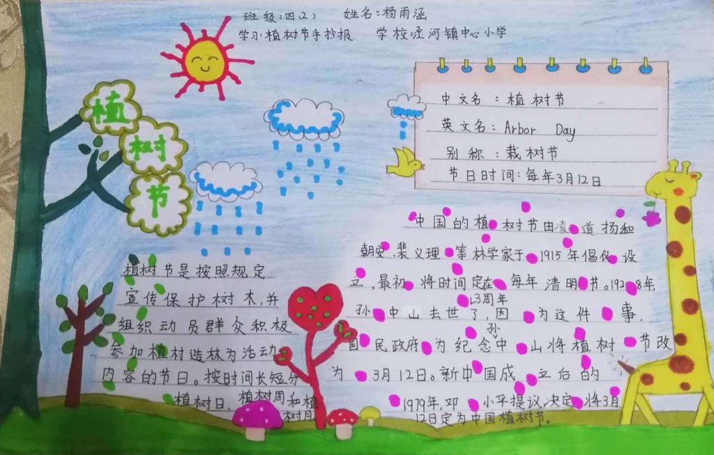 植树节手抄报，小学生纯手写设计绘画的植树节手抄报作品图片欣赏图片
