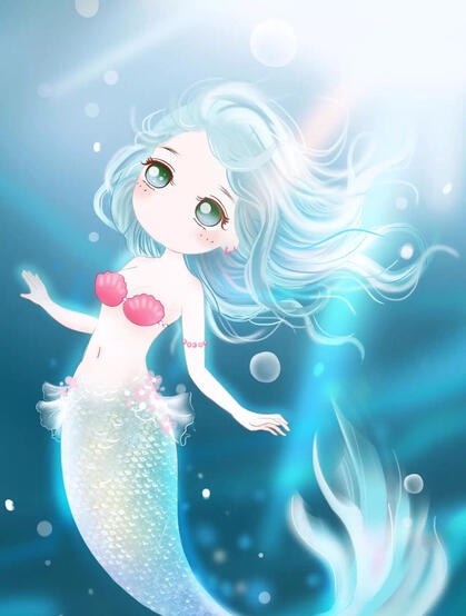 蓝色海底里的大眼睛可爱卡通美人鱼唯美图片