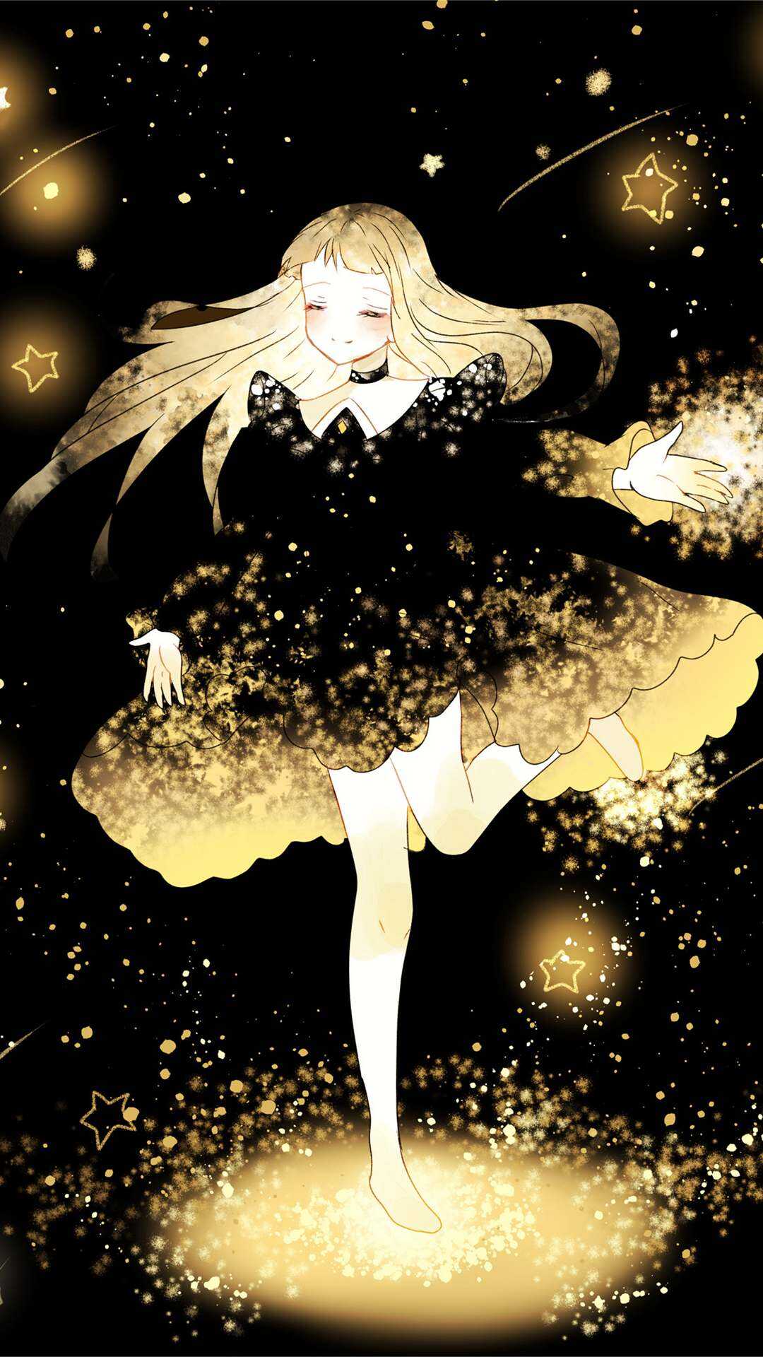星光熠熠，星光下跳舞的二次元动漫少女唯美插画手机壁纸图片